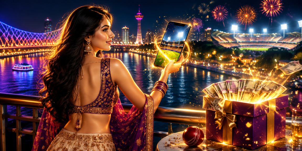 Ahmedabad riverfront with casino app interface on mobile